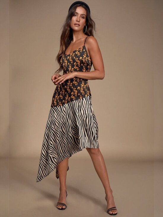 Lulus Dresses & Skirts - Lulus Gold Mine Black Multi Print Satin Asymmetrical Midi Dress NWT